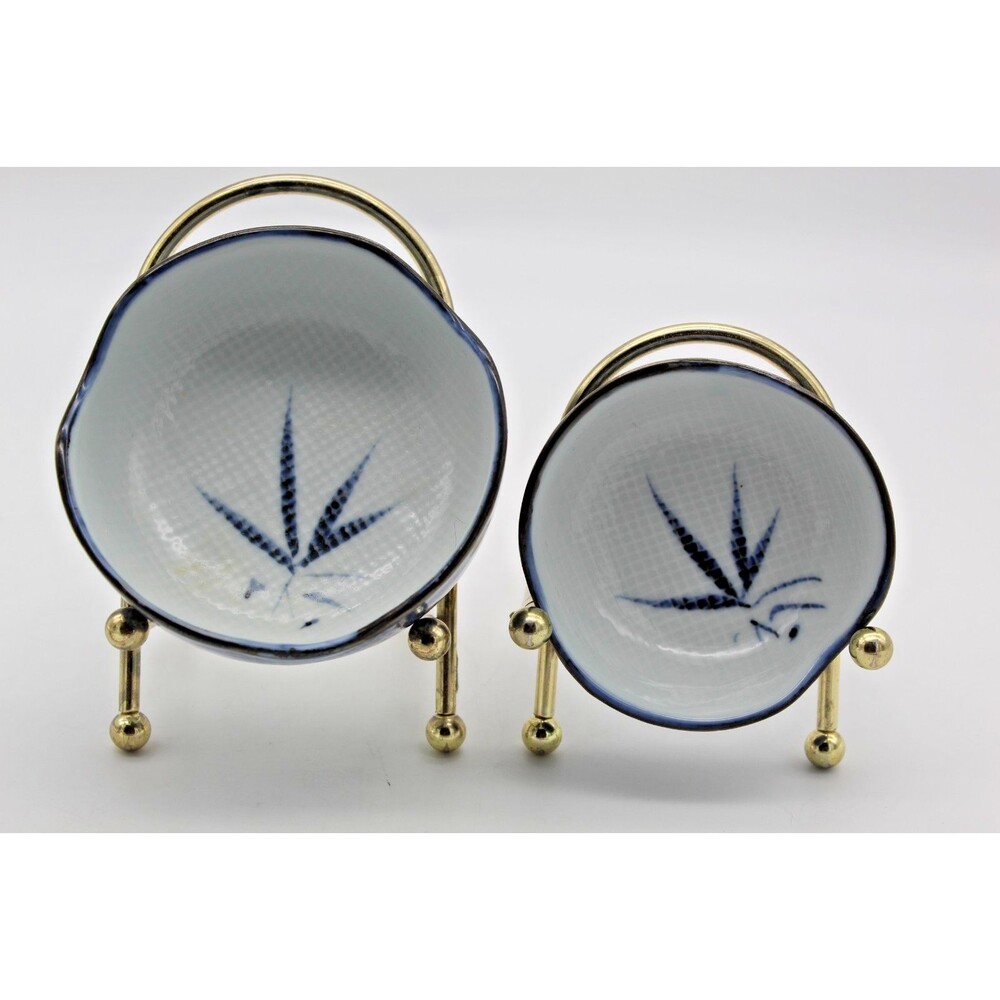 Old Blue Textile Bamboo Sometsuke Round Japanese Soy Sauce 2 Dipping Bowls